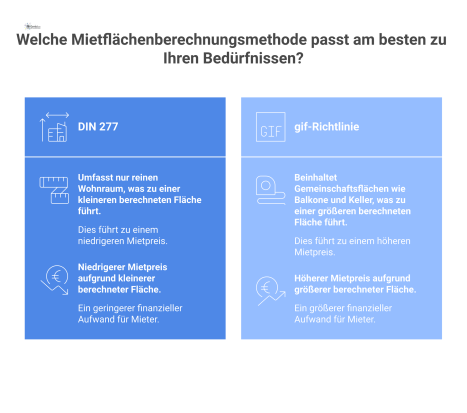  Infografik, die zwei Mietflächenberechnungen vergleicht: DIN 277 mit kleinerer Fläche und geringerer Miete versus gif-Richtlinie mit größerer Fläche und höherer Miete.