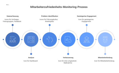  Ein Infografik-Flussdiagramm, das den Prozess des Mitarbeiterzufriedenheits-Monitorings von der Datenerfassung über die Analyse bis zur umgesetzten Verbesserungsmaßnahme darstellt. 