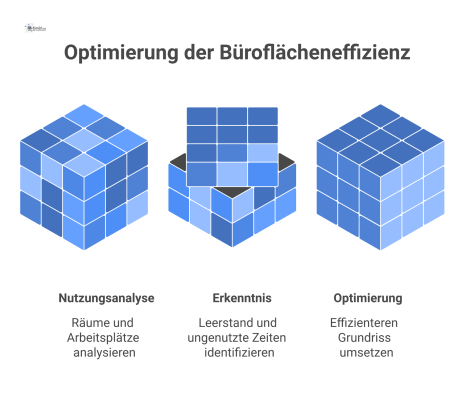 Prozessdiagramm zur Optimierung der Büroflächeneffizienz in drei Schritten: Analyse der Nutzung, Identifizierung von Leerstand und Umsetzung eines neuen Grundrisses. 