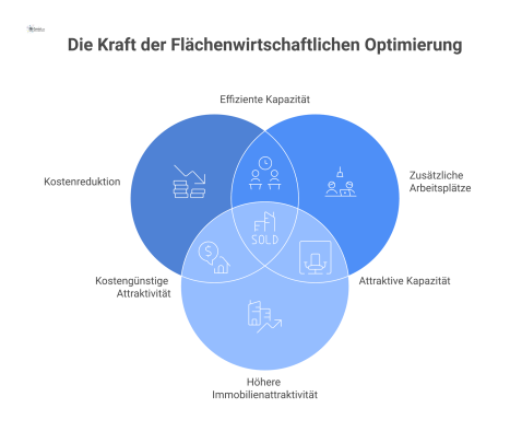 Infografik zeigt, wie Methoden wie Desk Sharing und Open Space zu Kostenreduktion und mehr Arbeitsplätzen bei Immobilien führen.