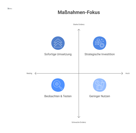  Eine visuelle Maßnahmenmatrix für Facility Management, welche Maßnahmen zum Mitarbeiter-Wohlbefinden nach Priorität, Kosten und Evidenzstärke einordnet und darstellt.