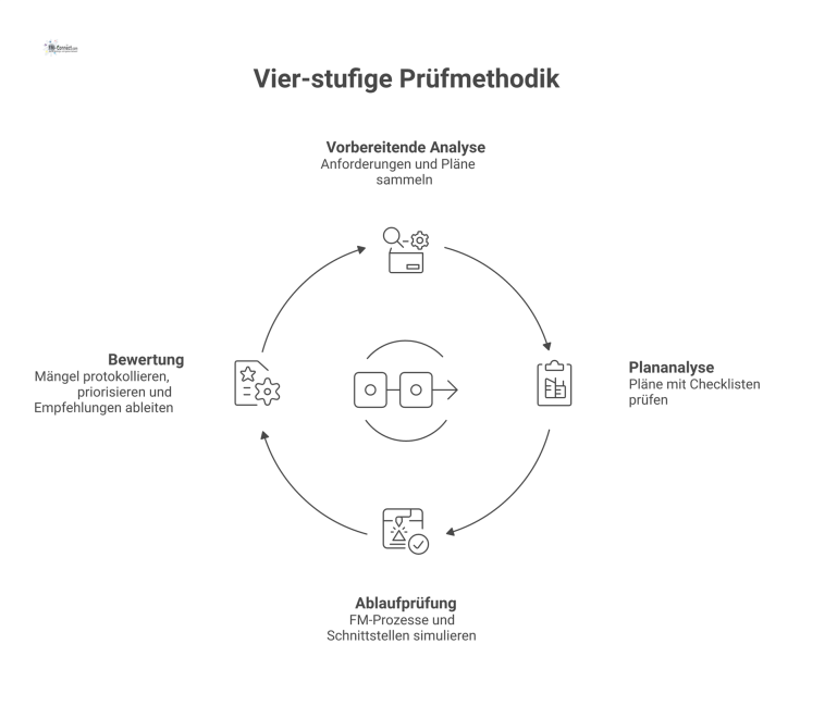Flussdiagramm einer vierstufigen Prüfmethodik mit den Schritten: vorbereitende Analyse, Plananalyse, Ablaufprüfung und abschließende Bewertung der Ergebnisse.