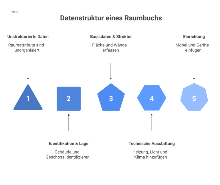 Infografik zur Datenstruktur eines Raumbuchs, die vier Hauptkategorien mit Icons darstellt: Identifikation, Basisdaten, technische Ausstattung und Einrichtung. 