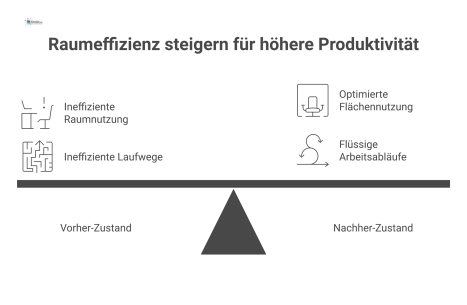  Ein Vorher-Nachher-Vergleich eines Büro-Grundrisses, der links Engpässe und rechts das optimierte Layout für höhere Produktivität zeigt. 