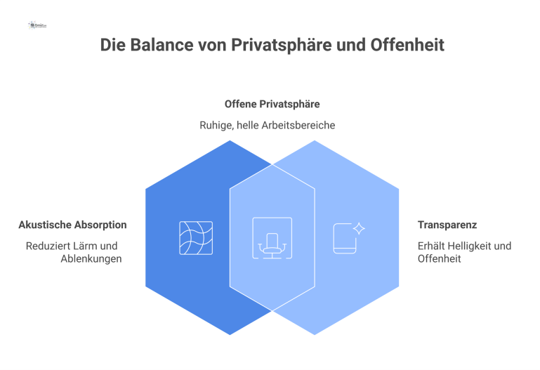 Aufbau einer Akustik-Trennwand Diagramm einer raumhohen Akustik-Trennwand in einem Büro, bestehend aus einer Glaswand mit beidseitigen Breitbandabsorbern aus Filz.