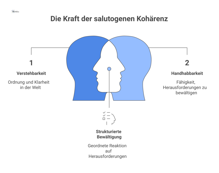 Das salutogene Kohärenzgefühl Diagramm des salutogenen Kohärenzgefühls, bei dem Resilienz auf den drei Säulen Verstehbarkeit, Handhabbarkeit und Sinnhaftigkeit ruht.