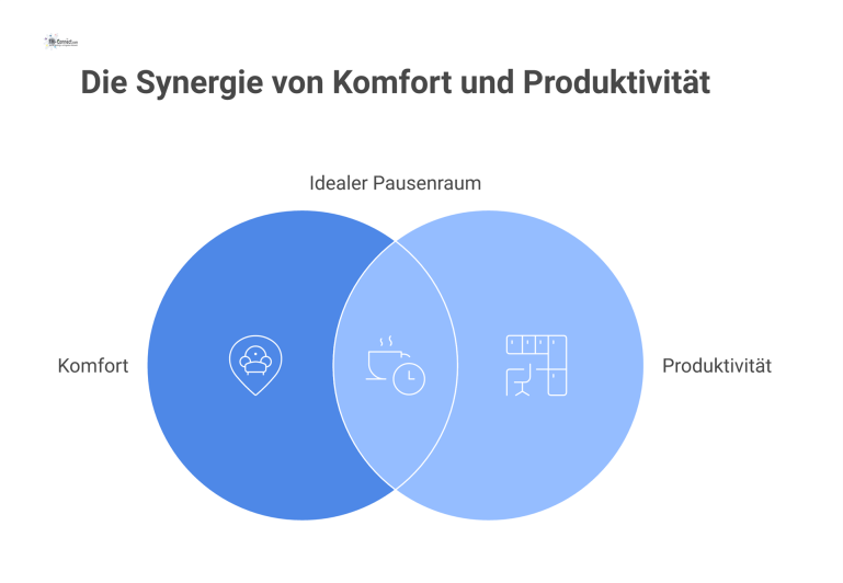 Eine Infografik eines hellen, modernen Pausenraums mit großen Fenstern, bequemen Möbeln, Küchenzeile und entspannten Mitarbeitern bei der Pause.