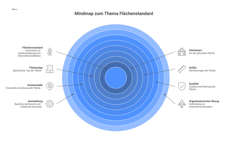 Mindmap zum Thema Flächenstandard Mindmap mit dem zentralen Thema Flächenstandard und seinen Merkmalen wie Flächenart, Größe, Kostenstelle, Qualität, Ausstattung und organisatorischem Bezug.
