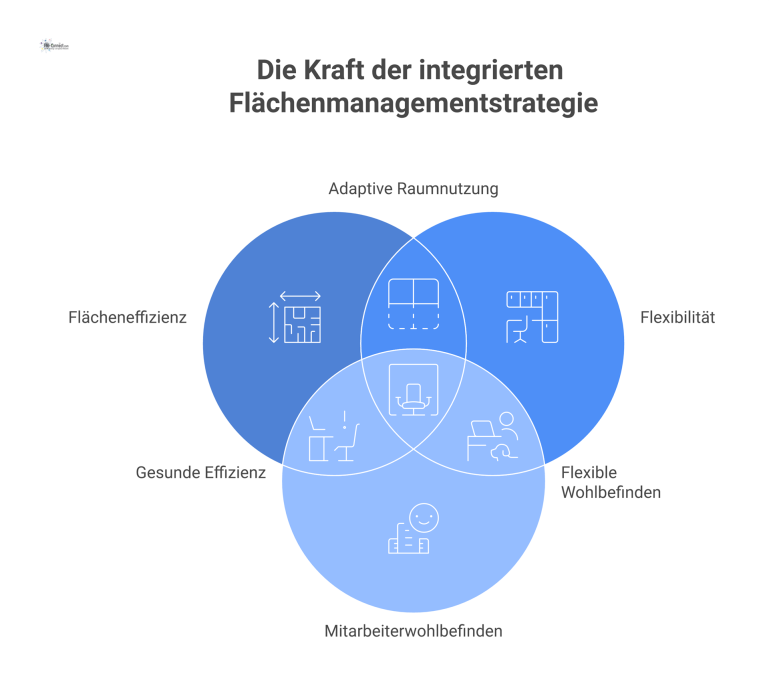 Diagramm, das den Menschen im Zentrum einer Strategie für Flächenmanagement zeigt, umgeben von den Kernelementen Effizienz, Flexibilität und Nachhaltigkeit.