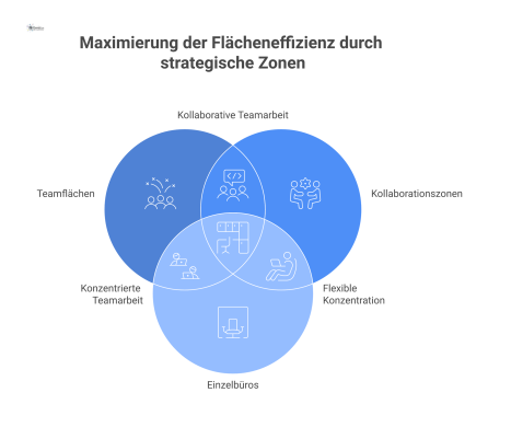 Farbcodierter Büro-Grundriss mit Zonen für Teamflächen, Kollaboration, Einzelbüros und Leerstand zur strategischen Optimierung der Flächennutzung.