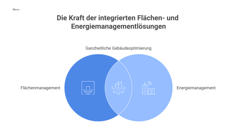  Infografik eines modernen Gebäude-Grundrisses mit farbigen Zonen, steuerbaren Icons für Haustechnik und Symbolen für flexible Raumnutzung und Kollaboration. 