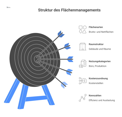 Ein Diagramm, das die Struktur des Flächenmanagements mit Flächenarten, Raumstruktur, Nutzungskategorien, Kosten und Kennzahlen für datenbasierte Entscheidungen visualisiert.