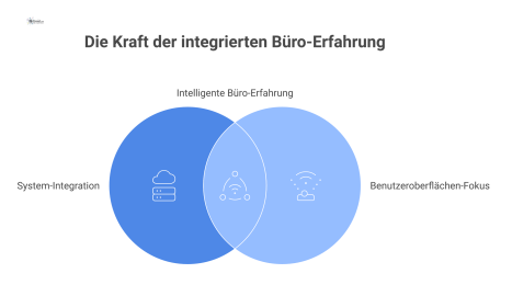  Infografik, die zeigt, wie ein zentrales Managementsystem IT-Systeme mit Büro-Grundrissen verbindet und Datenflüsse wie Termine visualisiert.