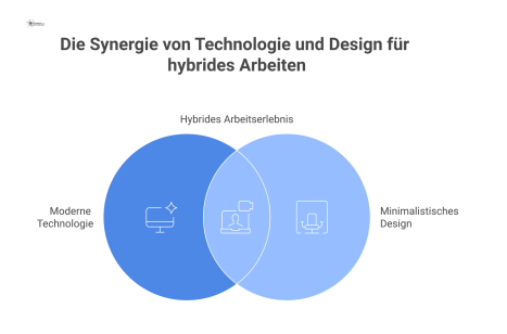 Schnittzeichnung eines modernen Büro-Cubes, der integrierte Technologie wie einen großen Bildschirm, smarte Beleuchtung und diverse Anschlüsse für hybrides Arbeiten zeigt. 
