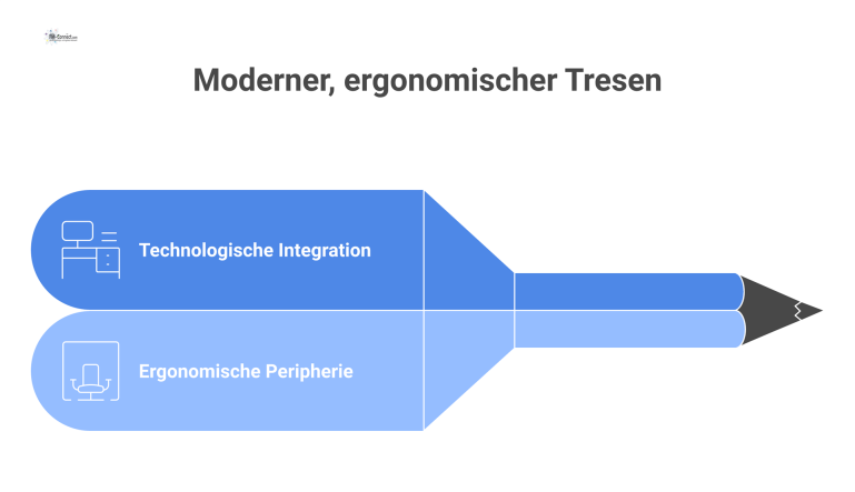  Infografik eines modernen, ergonomischen Tresens mit technologischer Integration wie USB-Ports und ergonomischer Peripherie wie einem höhenverstellbaren Monitorarm.