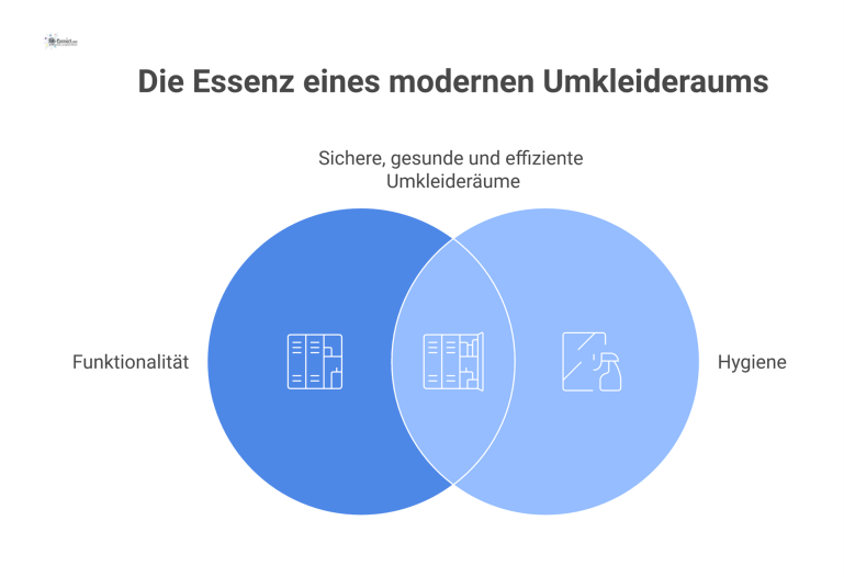  Diagramm eines funktionalen Umkleideraums mit Reihen von Metallspinden, einer Sitzbank und einem Doppelschrank mit Schwarz-Weiß-Trennung. 