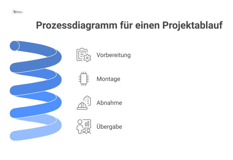 Prozessdiagramm, das einen Projektablauf mit vier sequentiellen Phasen darstellt: Vorbereitung, Montage, Abnahme und Übergabe, verbunden durch Pfeile.