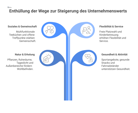  Mindmap zum Thema Mitarbeiterwohlbefinden zur Steigerung des Unternehmenswerts mit den vier Hauptbereichen Natur, Gesundheit, Soziales und Flexibilität. 