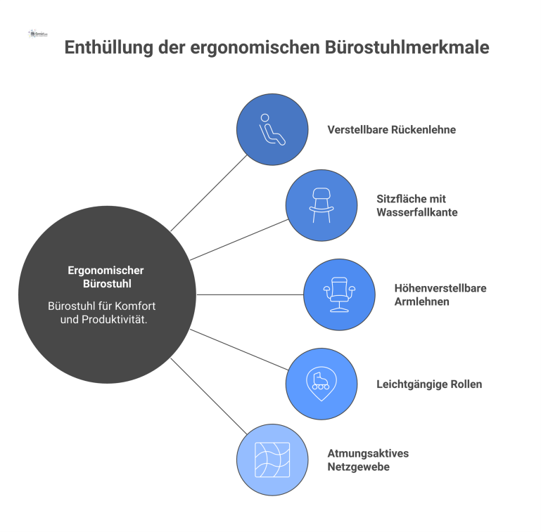 Hauptmerkmale eines ergonomischen Bürostuhls Infografik eines ergonomischen Bürostuhls, die mit Pfeilen dessen Hauptmerkmale wie Lordosenstütze, Wasserfallsitz, verstellbare Armlehnen und Netzgewebe hervorhebt.