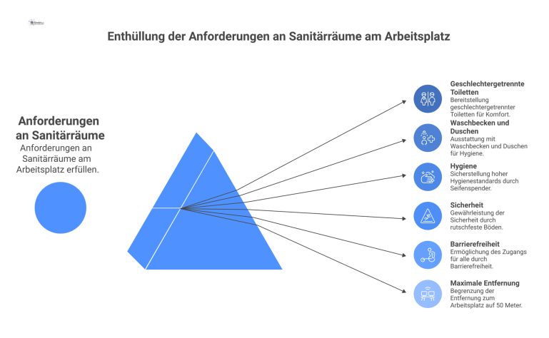  Infografik eines idealen Grundrisses für Sanitärräume mit Toiletten, Duschen und Icons für Hygiene, Sicherheit und Barrierefreiheit am Arbeitsplatz.