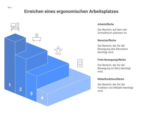  Grundriss eines Büroarbeitsplatzes nach DIN 4543-1 mit Schreibtisch, Stuhl und farblich abgegrenzten Zonen für verschiedene Funktionsbereiche.