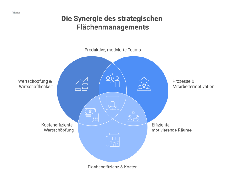 Infografik Strategisches Flächenmanagement Eine Infografik zum strategischen Flächenmanagement, die die drei Hauptziele zur optimalen Flächennutzung zeigt: Wertschöpfung, Prozessverbesserung und Flächeneffizienz.