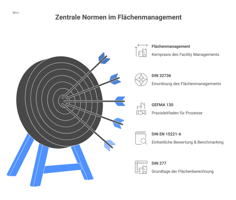 Diagramm der vier zentralen Normen im Flächenmanagement: DIN 277, DIN EN 15221-6, GEFMA 130 und DIN 32736 mit ihrer Bedeutung.