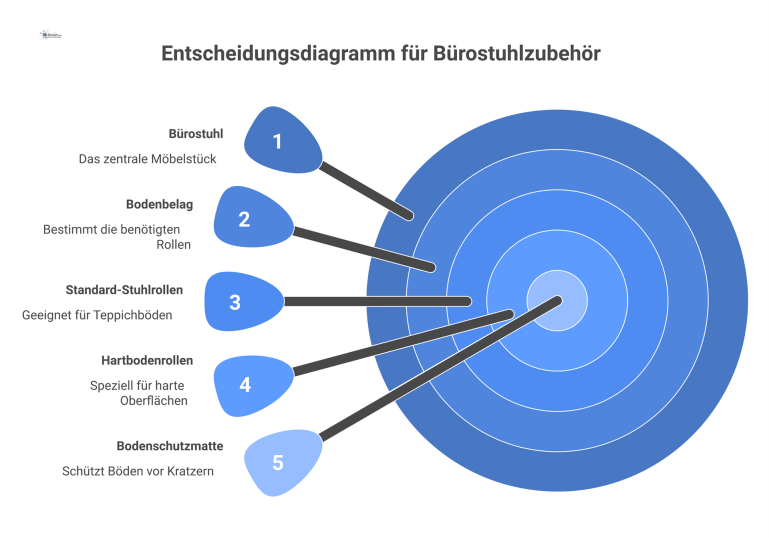 Entscheidungsdiagramm für Bürostuhlzubehör Entscheidungsdiagramm, das basierend auf dem Bodenbelag das richtige Bürostuhlzubehör empfiehlt, wie Rollen für Teppich- oder Hartböden.
